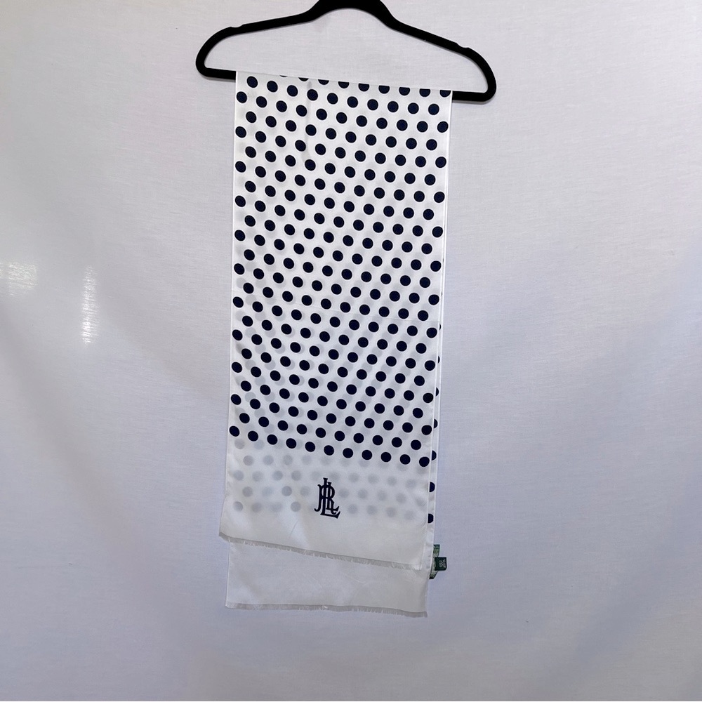 Lauren Ralph Lauren 100% Silk White and Navy Blue Polka Dot Scarf